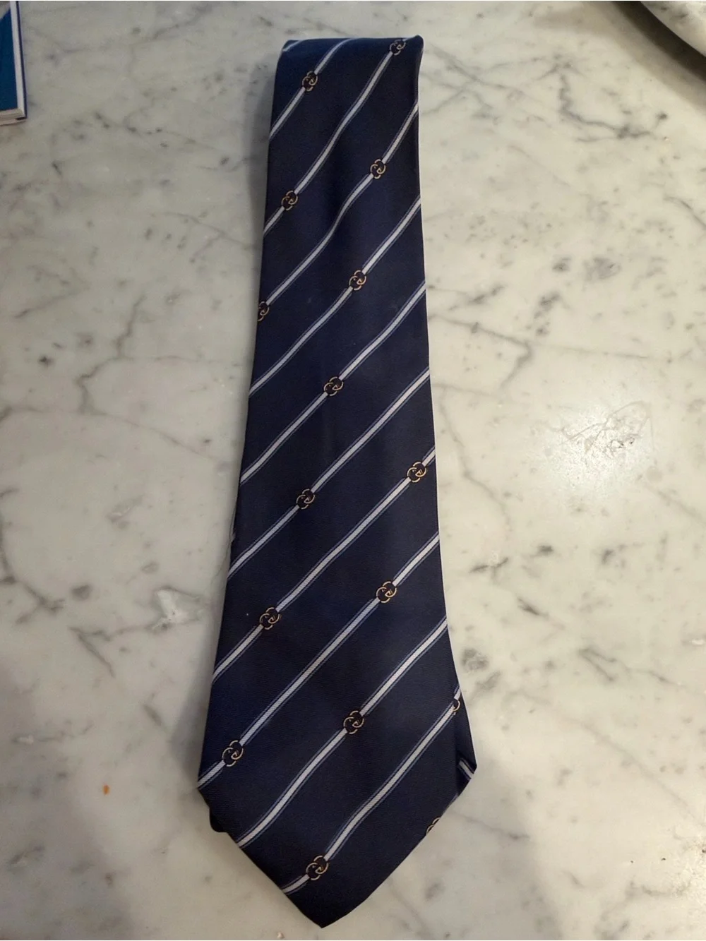 Vintage Gucci Navy Blue Silk Diagonal Stripe Tie with GG Motif
